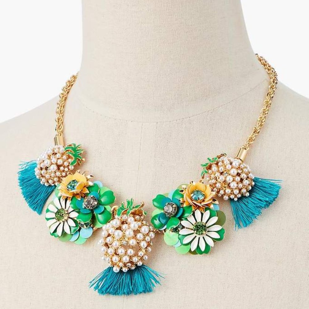 Talbot's Pineapple Statement Necklace Gold Tone Pearls Rhinestones